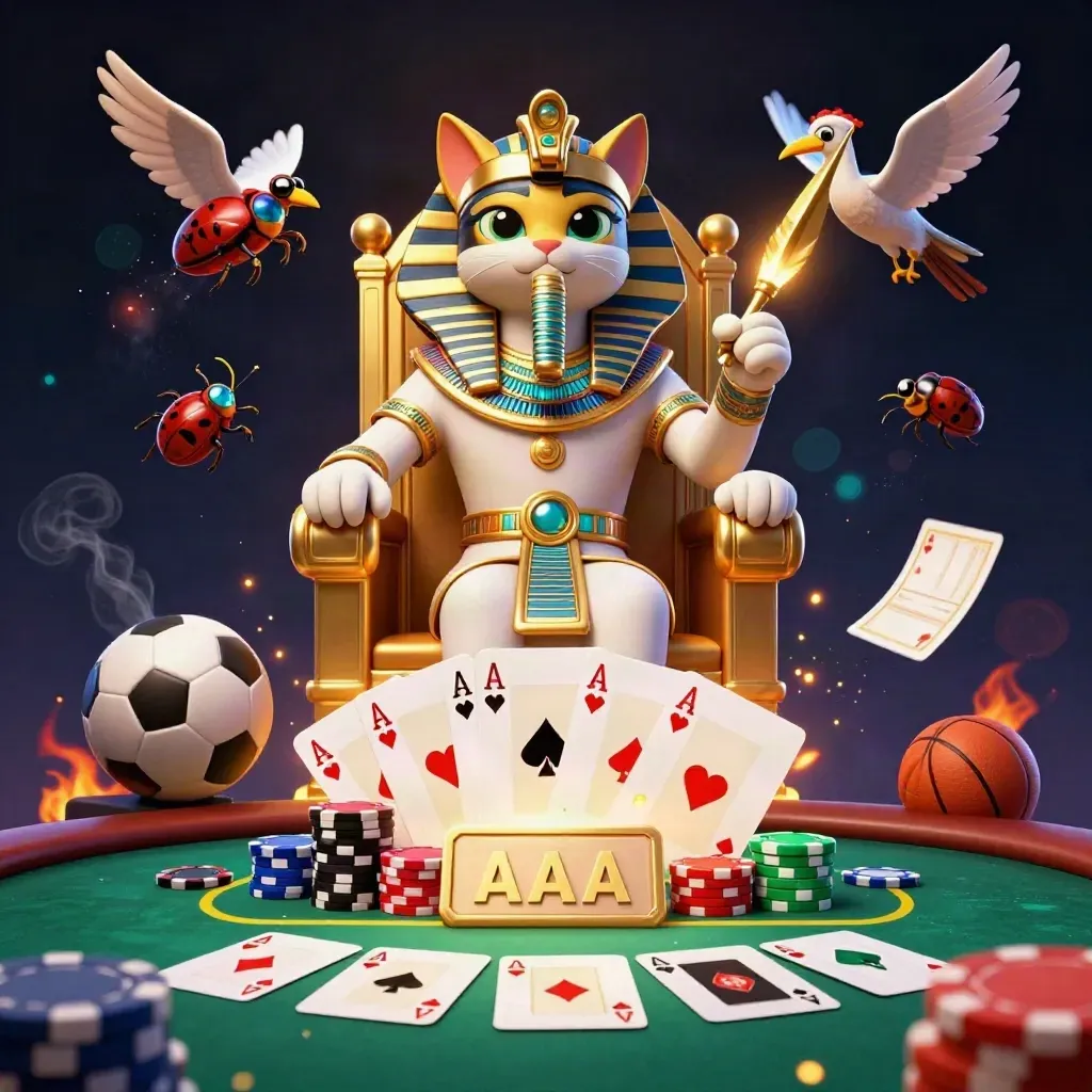 Pharaoh cat, ibis scribe and scarab beetles amid chips, cards, ball and ember-lit casino haze