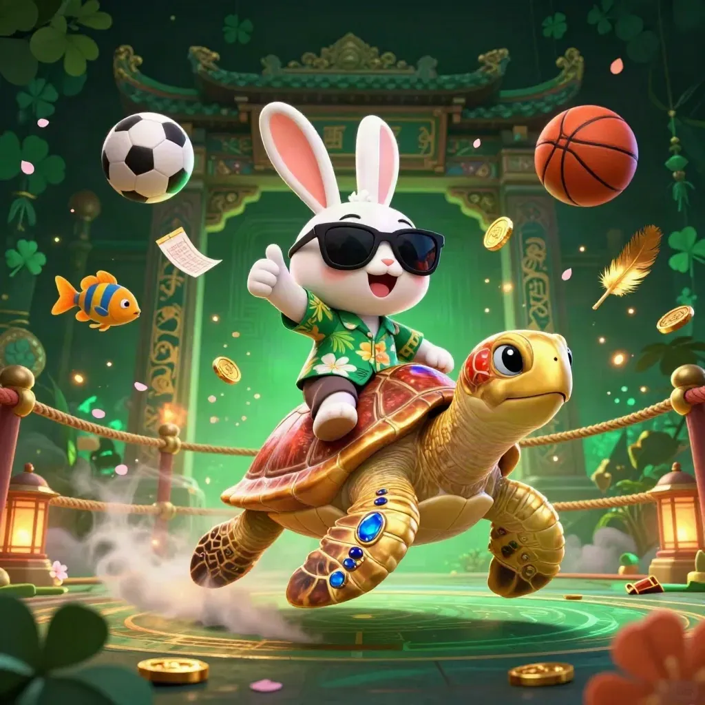 Cartoon rabbit rides jeweled sea turtle through coins, balls, firelight, and emerald casino haze.