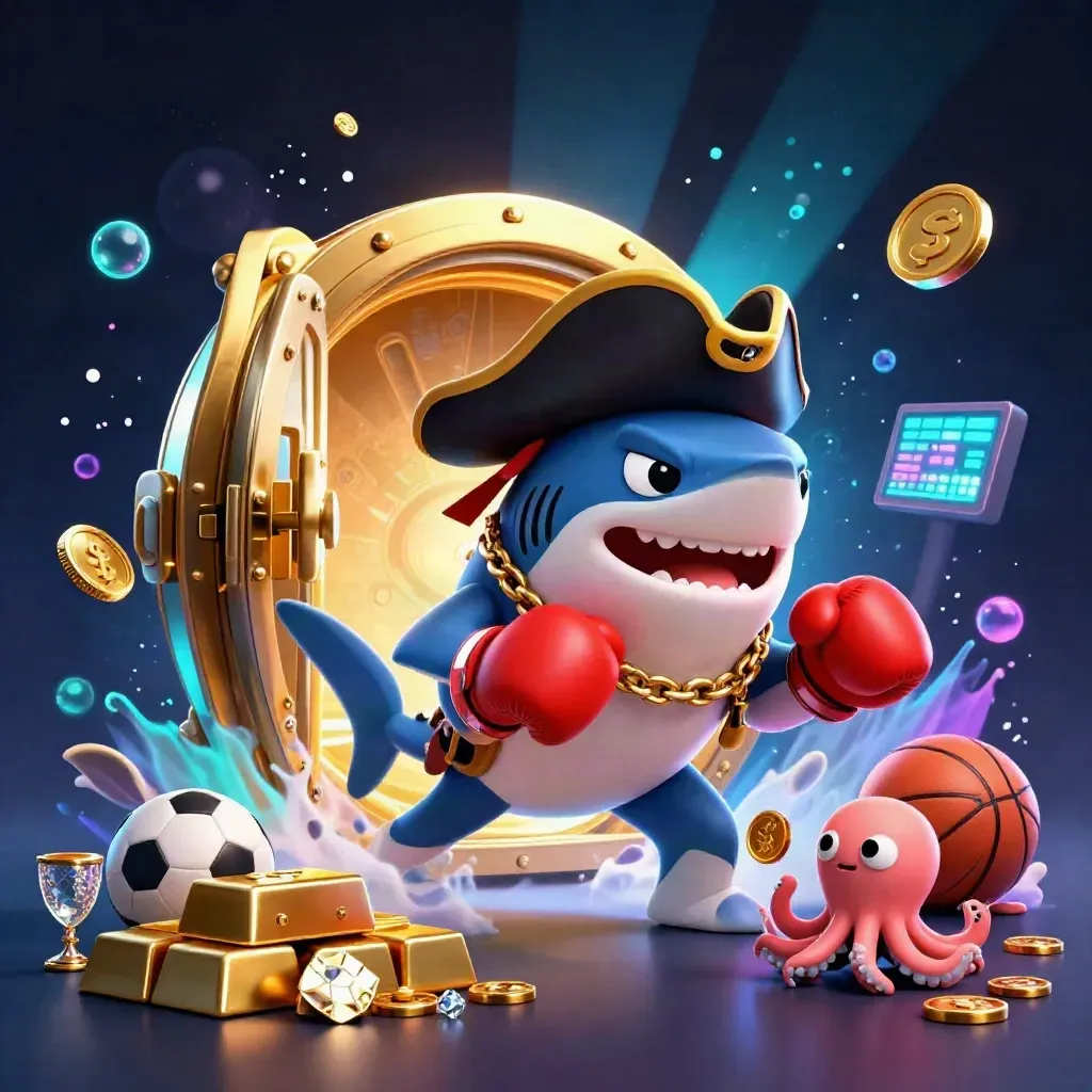 Pirate shark, boxing pufferfish, and coin-juggling octopus amid treasure and neon casino glow