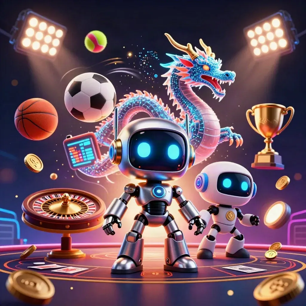 Cyberpunk robot, hologram dragon, drone, casino gear, sports balls and gold in neon dark