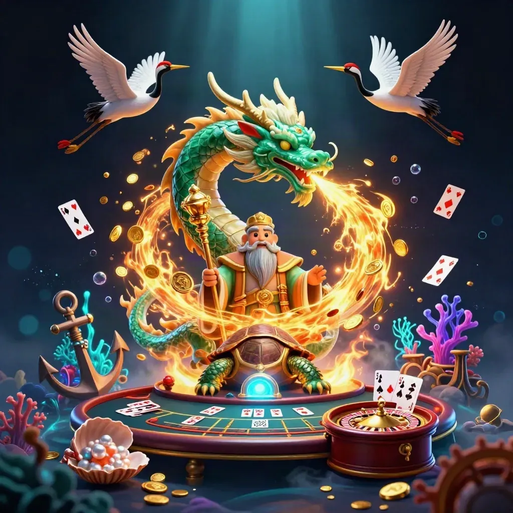 Emerald dragon, turtle sage, and cranes amid underwater casino treasure and glowing lights.