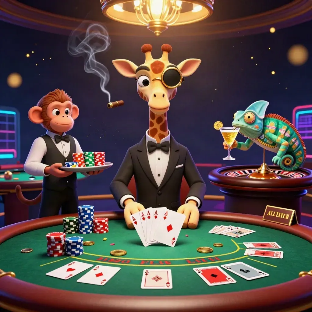 Giraffe, monkey, and chameleon in a luxe casino room with chips, cards, and roulette glow.