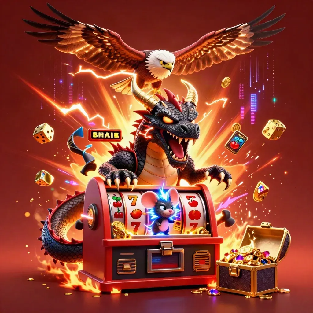 Thunder dragon, hawk, and static mouse blast casino loot from a shattered slot machine.