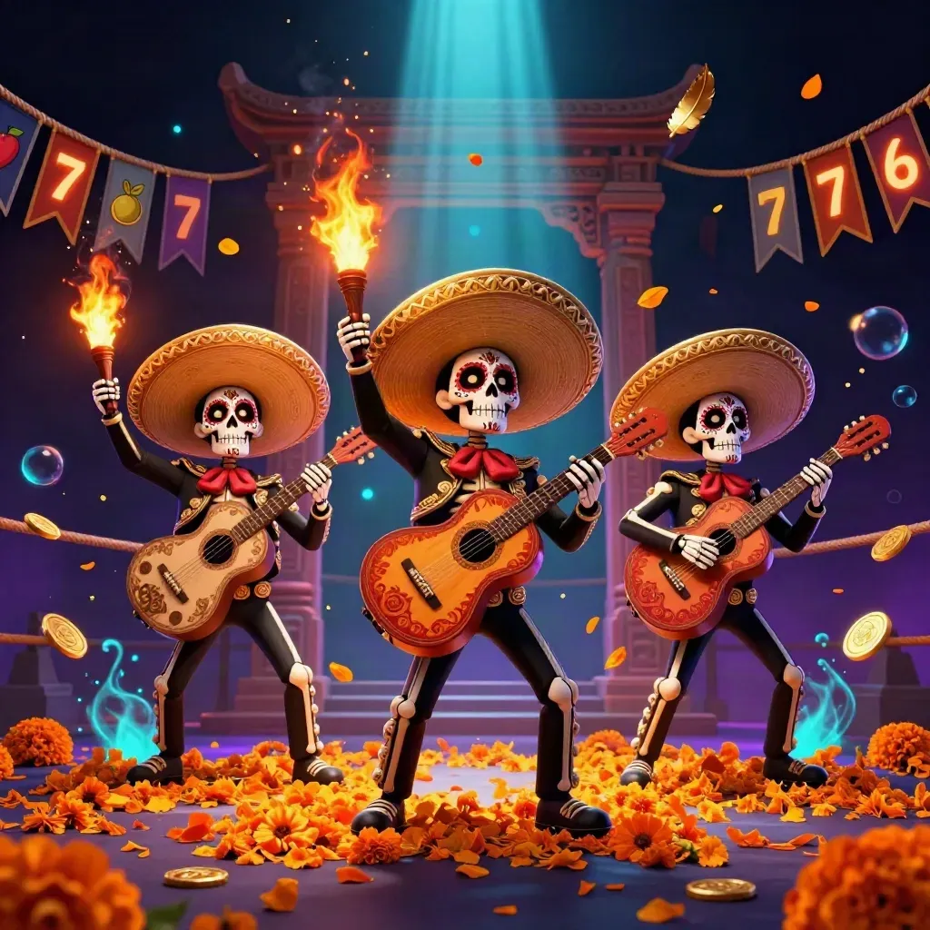Day-of-the-Dead skeleton mariachi trio amid neon casino treasures, temple gate, and floating symbols