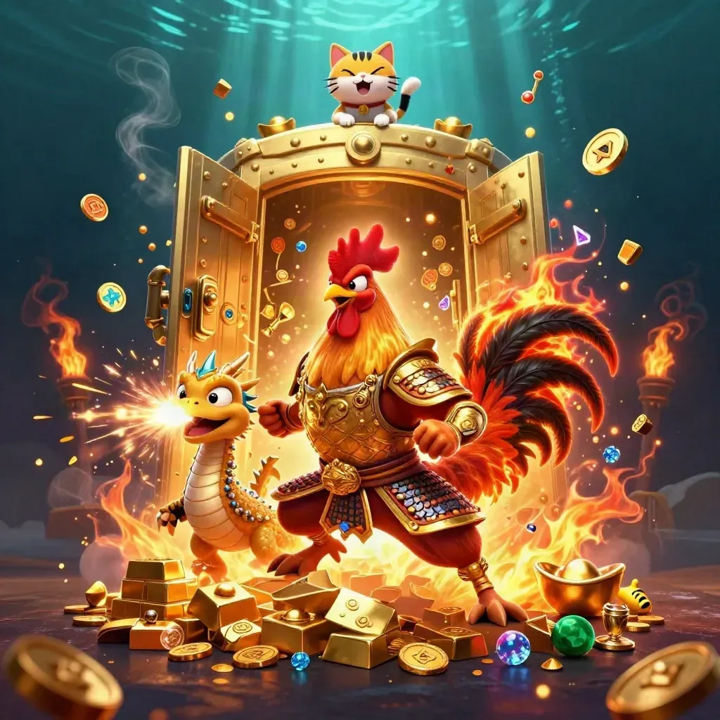 Rooster warrior, dragon hatchling, and fortune-cat blast treasure from a vault in orange-lit casino action.