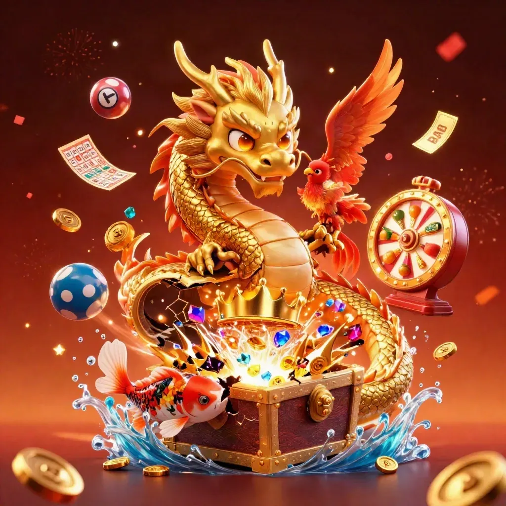 Golden dragon with red phoenix and koi amid treasure, casino tokens, sparks, and orange glow