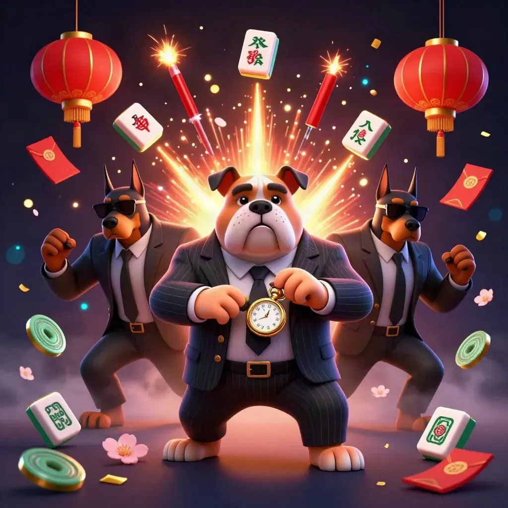 Bulldog boss and two Dobermans burst through casino-lucky effects with lanterns, coins, and petals.