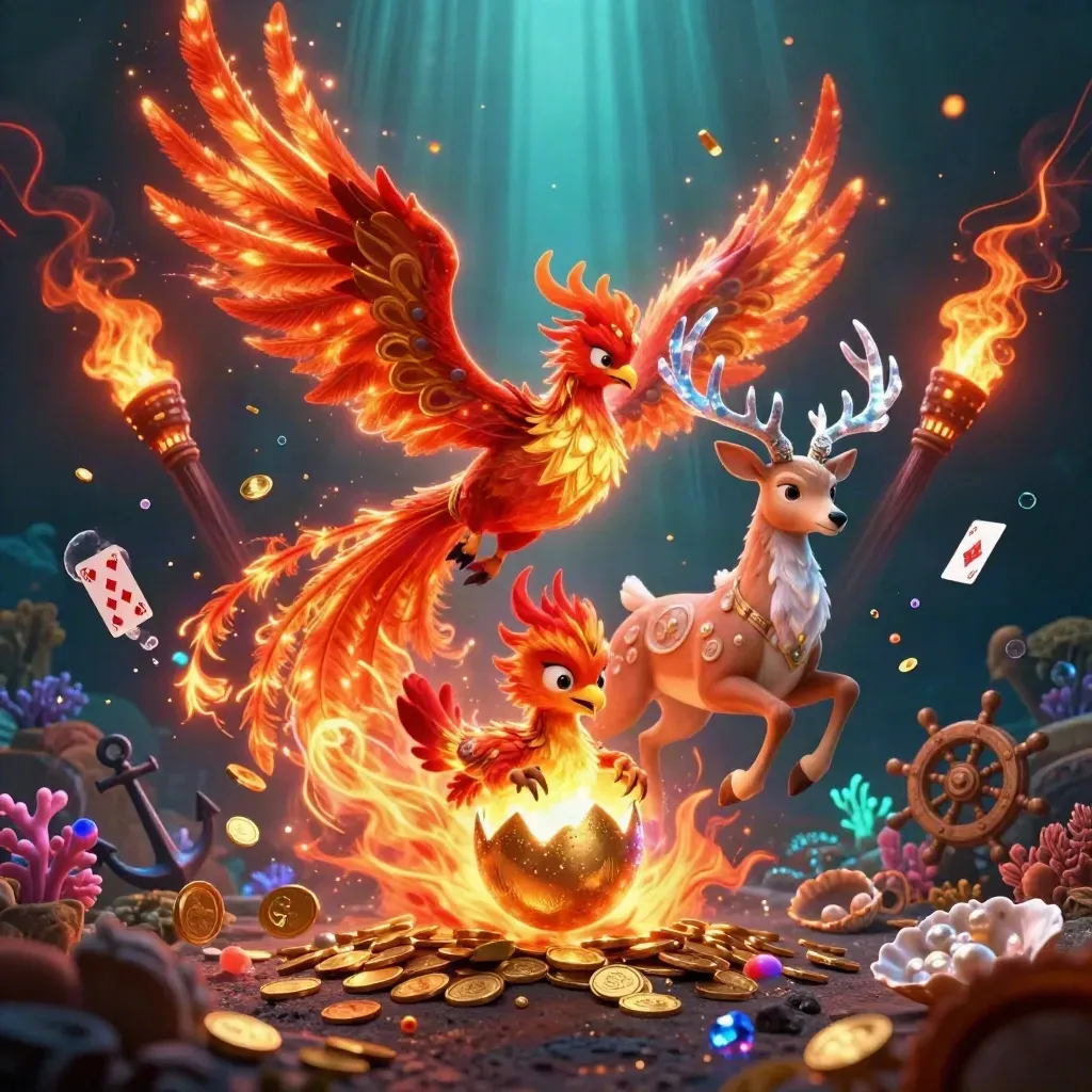 Fire phoenix, hatching baby phoenix, and crystal-antler stag in an underwater treasure burst