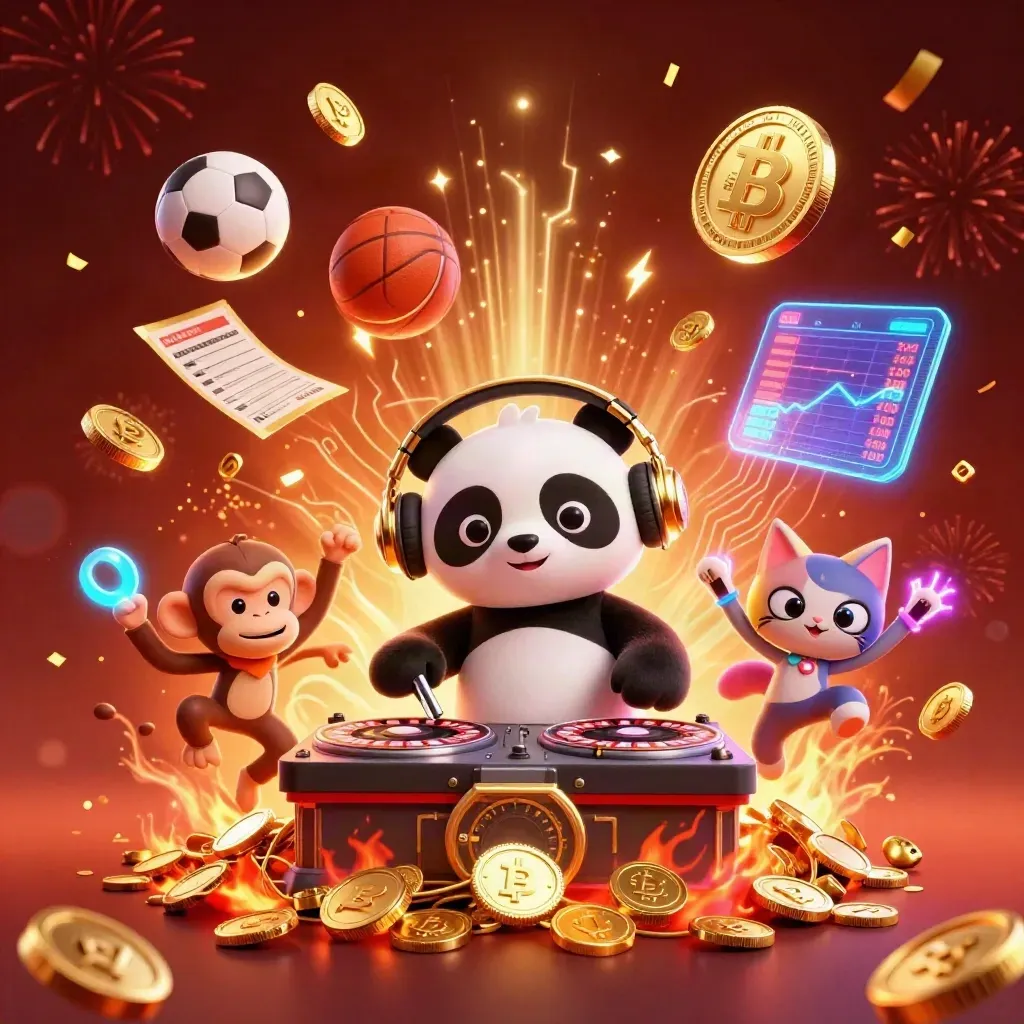 Panda DJ, breakdancing monkey and rave kitten amid coins, vault blast and fireworks.