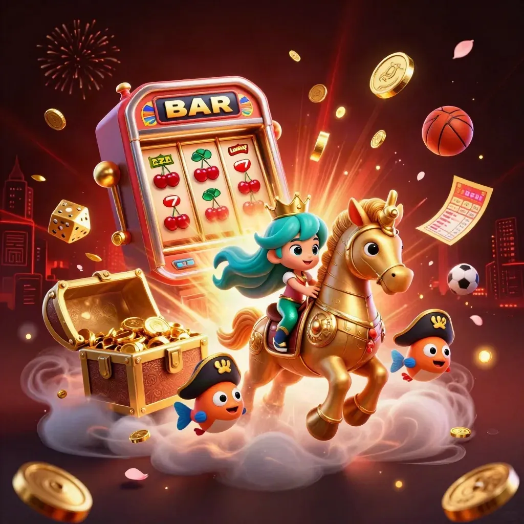 Mermaid princess on armored seahorse amid exploding slot machine, coins, fireworks, and sports props.