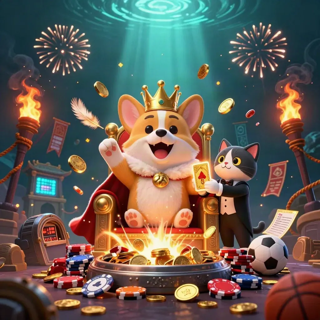 Royal corgi and cat butler celebrate amid coins, fireworks, temple gate, and neon casino energy.
