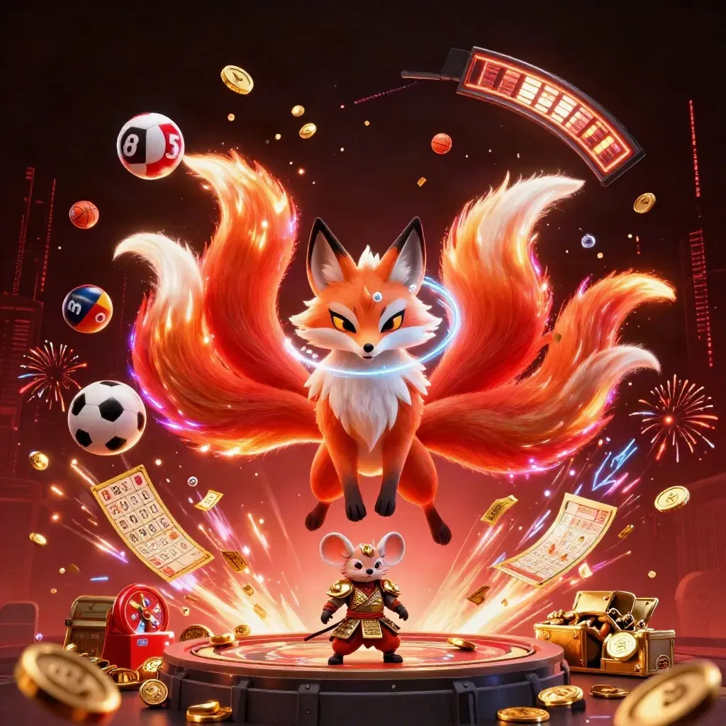 Neon fox spirit and armored mouse amid casino treasure, lottery balls, and sports props