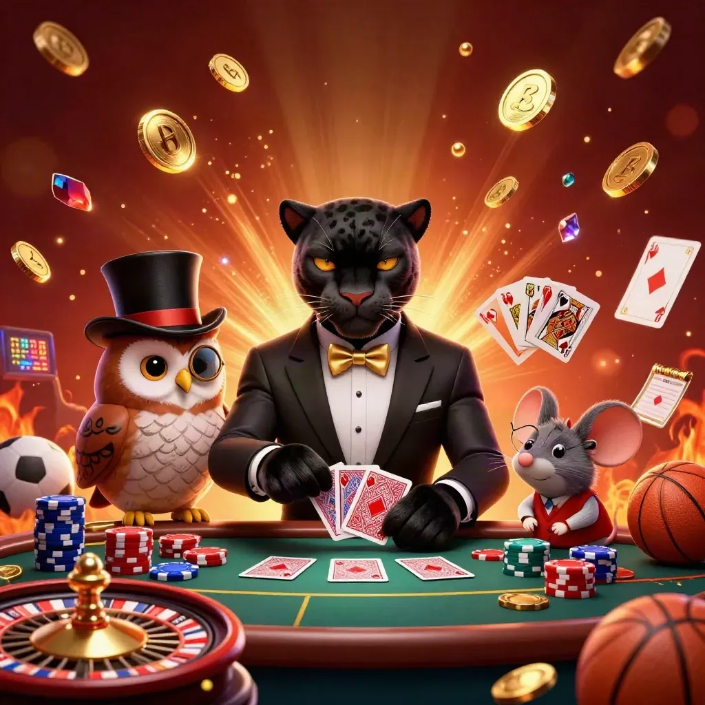 Panther, owl, and mouse celebrate amid coins, chips, cards, and casino lights.
