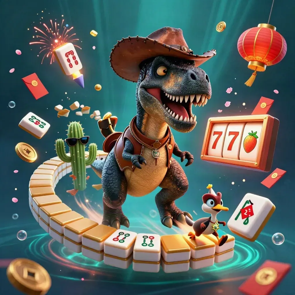 Cowboy T-Rex trio with orbiting casino icons, underwater neon glow, and orange accents