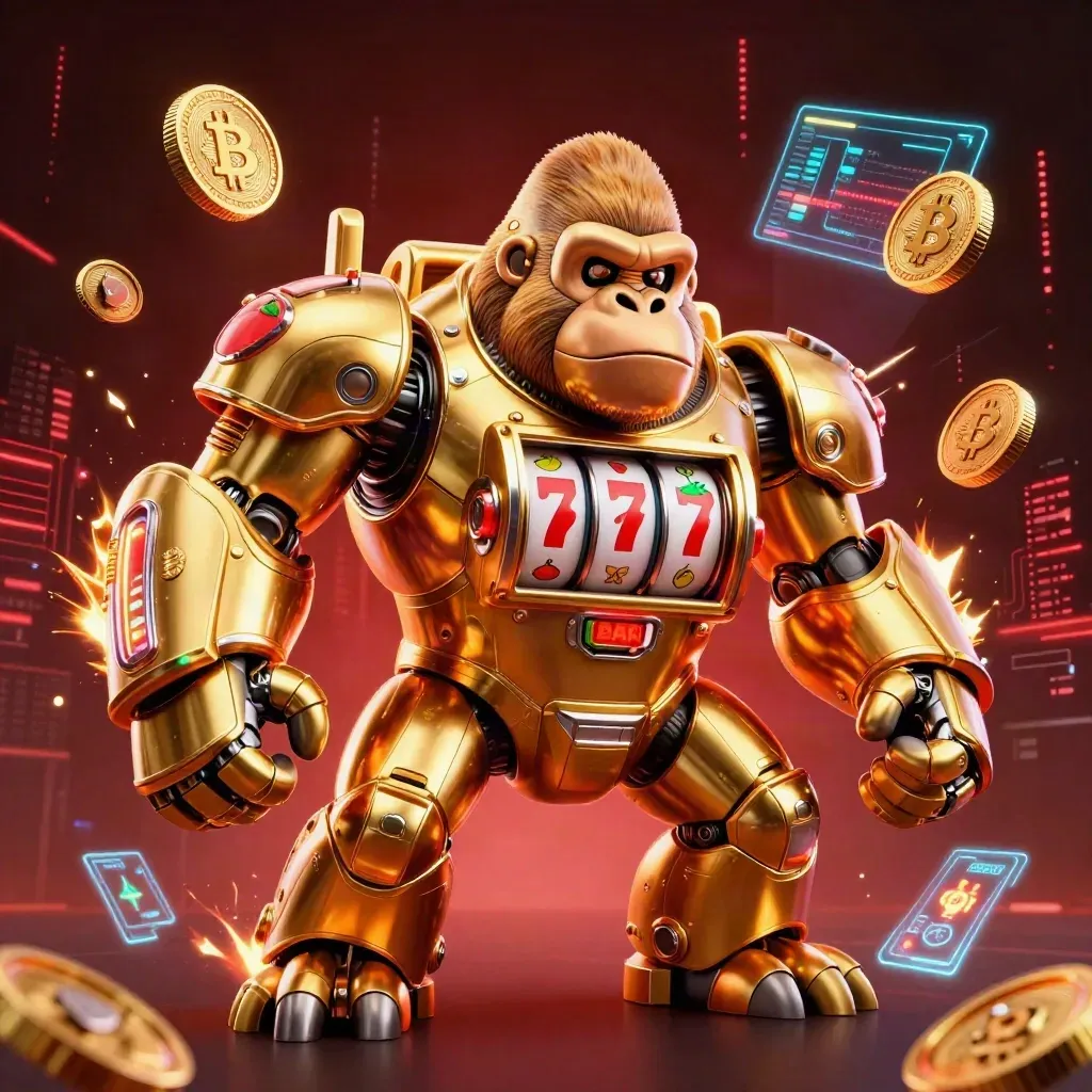 Golden gorilla slot-mech with tiny monkey pilot, coins, lightning, and neon casino chaos.