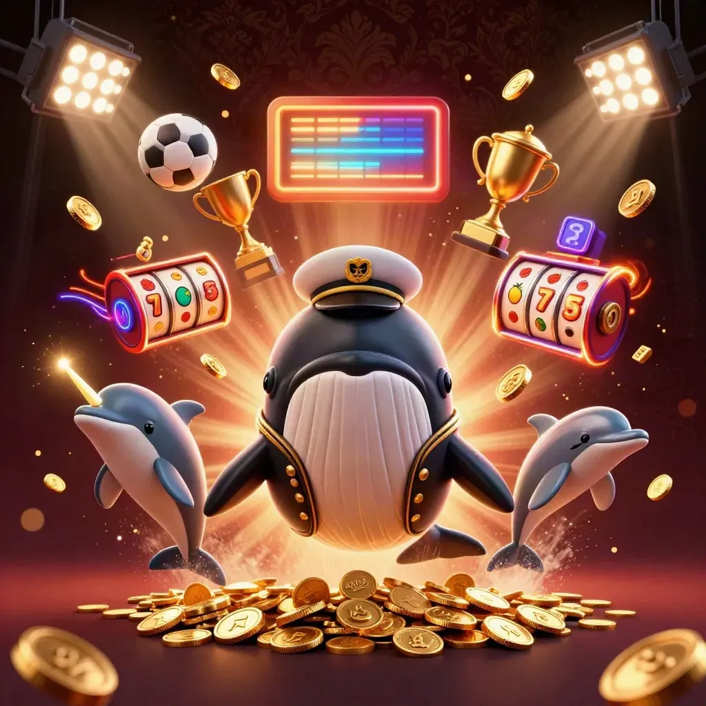 Whale captain, narwhal, and dolphins amid coins, chips, balls, and casino lights.