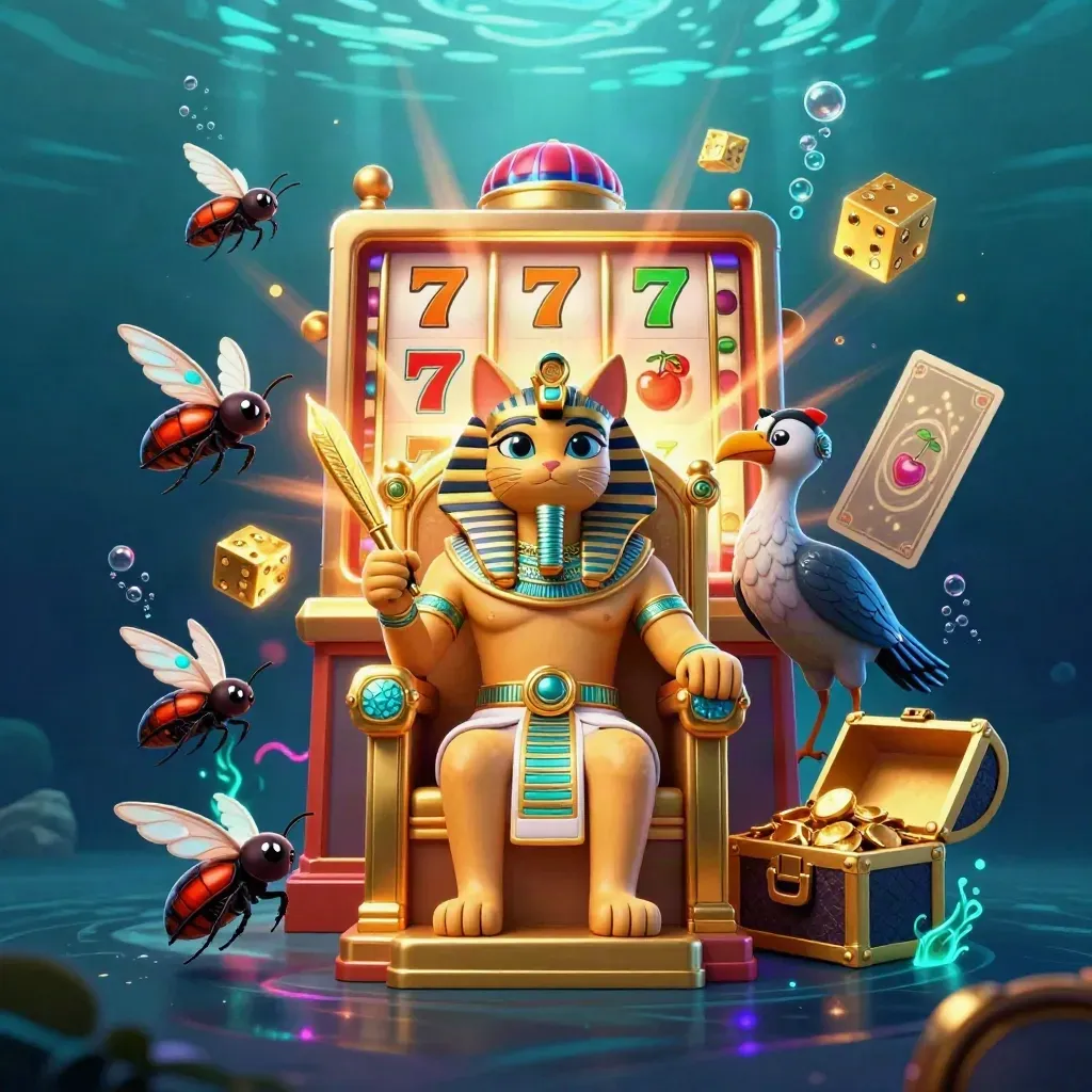 Pharaoh cat on throne with ibis scribe, scarabs, slot symbols, gold, and underwater neon glow