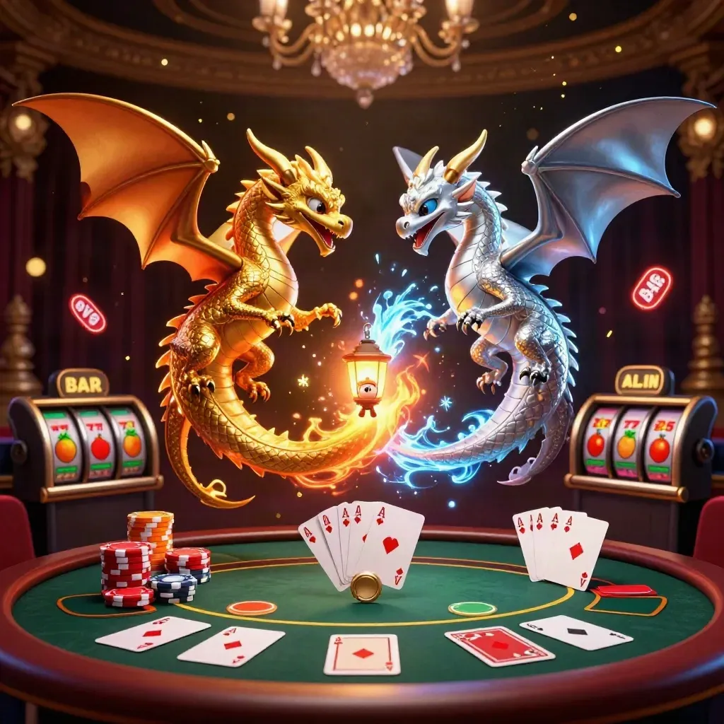 Twin dragons spiral through casino cards, chips, reels and a lantern spirit on a dark luxe backdrop.