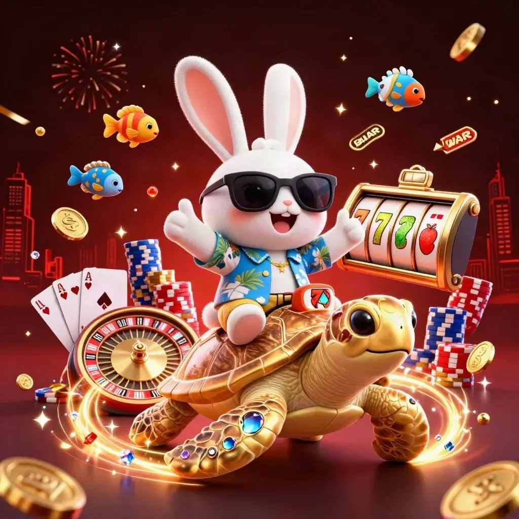 Lucky rabbit rides a golden sea turtle with coins, chips, reels and neon casino effects