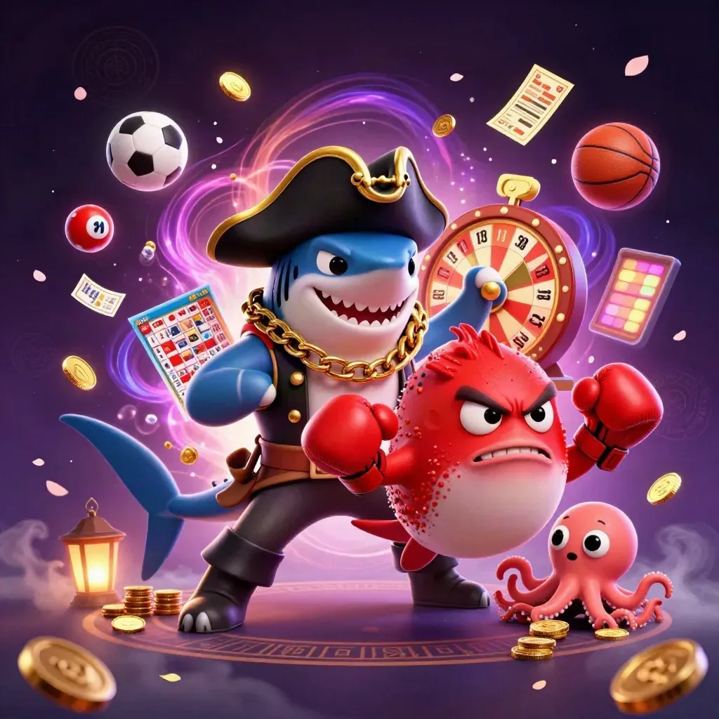 Pirate shark, angry pufferfish and juggling octopus amid casino tokens and neon energy