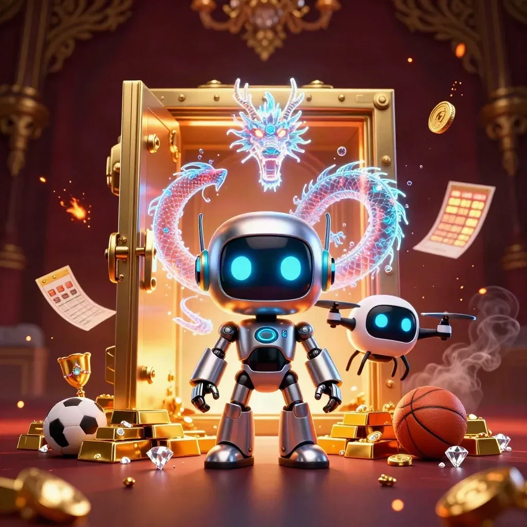Cyberpunk robot, holographic dragon and coin drone around a glowing vault with gold and sports relics.