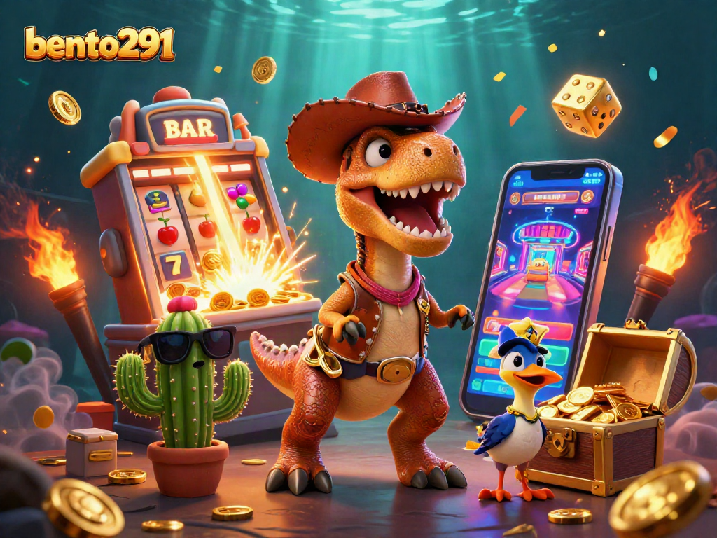 Bento291 offers an exciting jackpot scene with a dinosaur, cactus, and vibrant casino elements.
