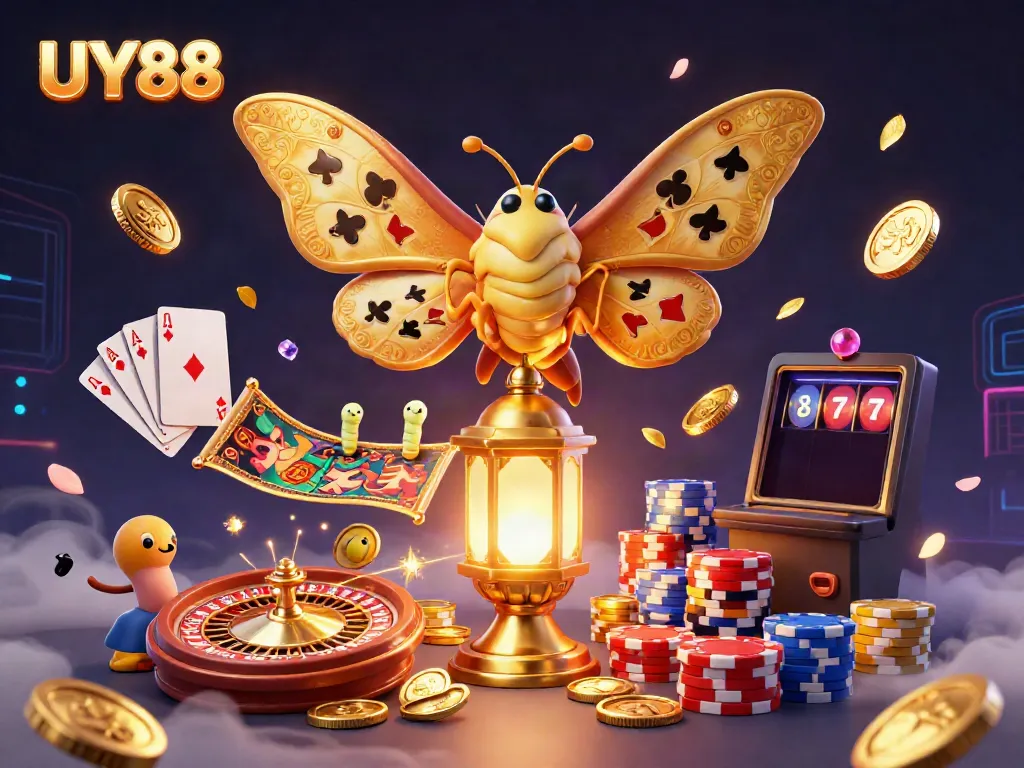 Experience thrilling UY88 gaming with a majestic atlas moth amidst cascading coins and a spinning roulette wheel.