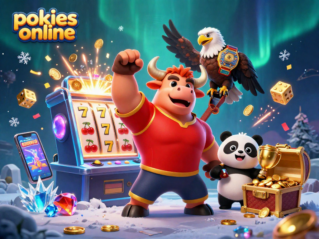 Spin the pokies online with excitement featuring a victorious bull mascot, eagle, and panda!