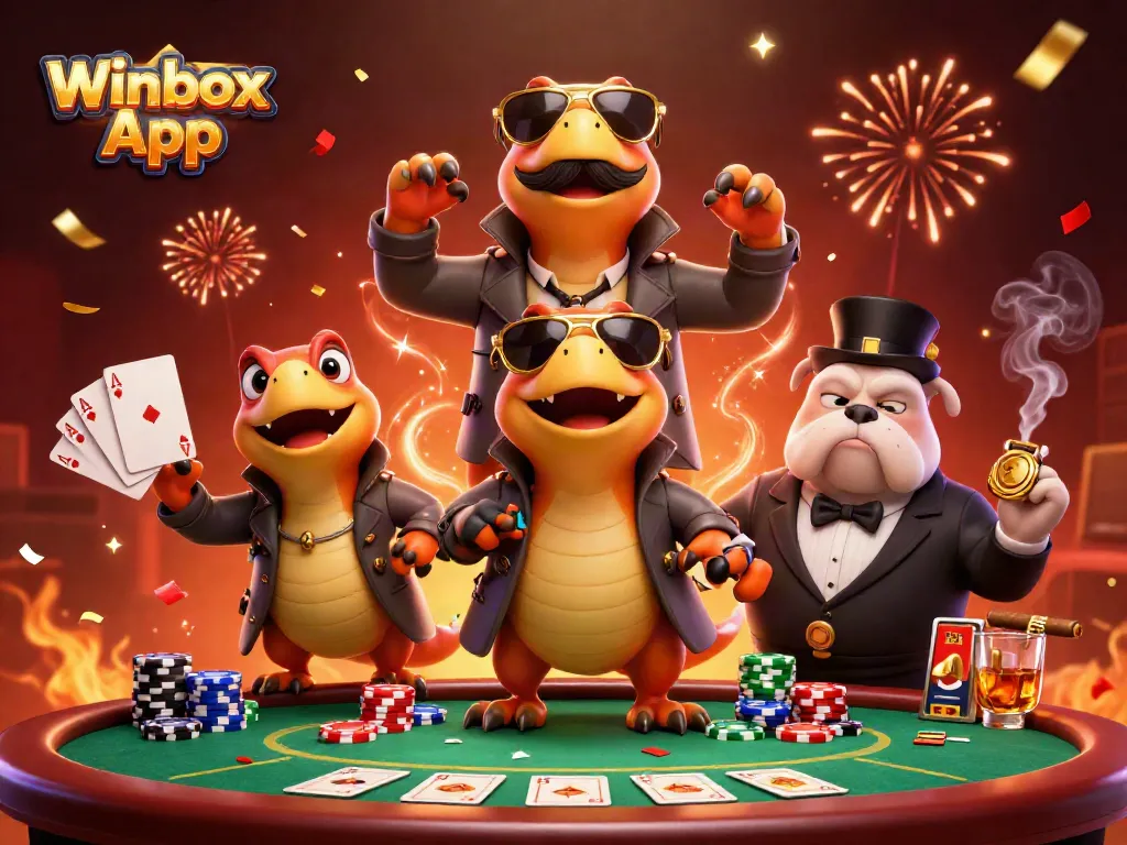 Winbox App showcases raptors in a trench coat attempting to enter a casino lounge, filled with poker elements.