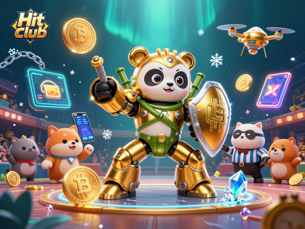 Hit club showcases a thrilling gaming scene with a golden panda mech battling amidst crypto coins and excited spectators.