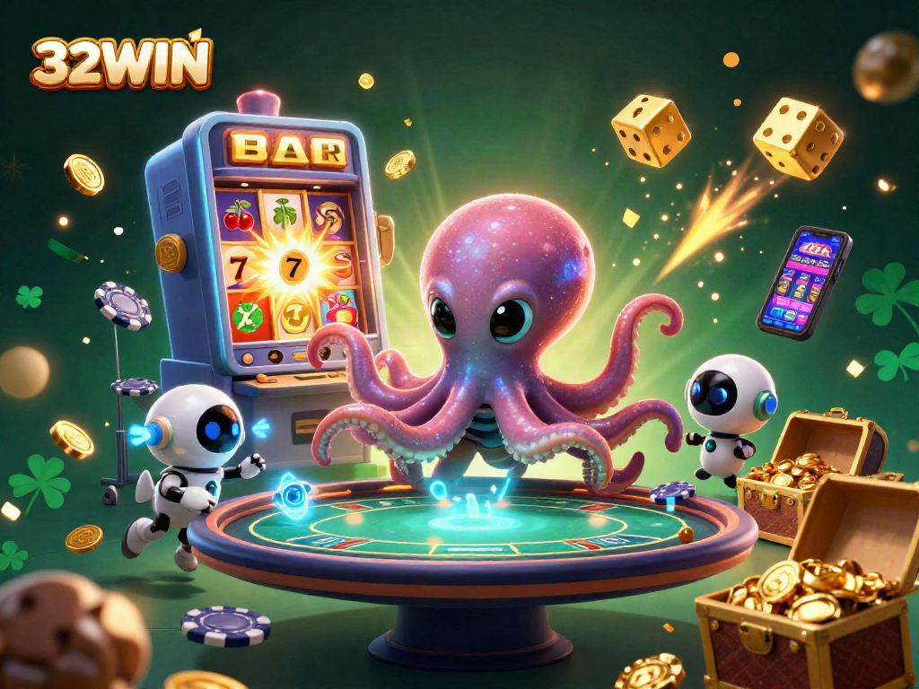 Experience thrilling gameplay at 32WIN's vibrant casino with an alien octopus dealer and exciting elements.