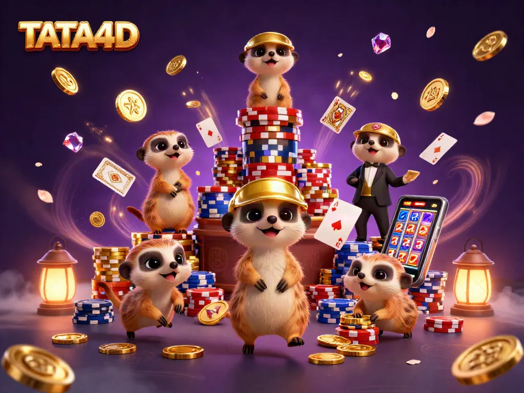 TATA4D meerkats managing an exciting casino scene with vibrant card games and sparkling treasures