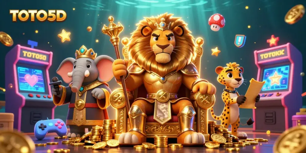 Win exciting prizes with TOTO5D in this vibrant casino-themed illustration featuring colorful game elements.