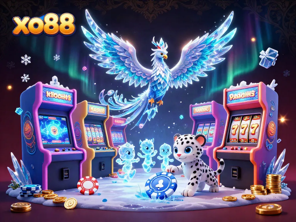 Experience the thrill of xo88 with a vibrant casino scene featuring a phoenix, glowing sprites, and dynamic slot elements.
