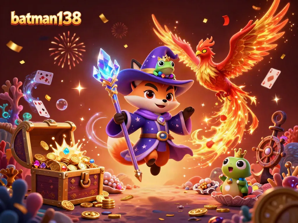 Experience thrilling gameplay with batman138 in this vibrant 3D illustration of magical characters and casino elements.