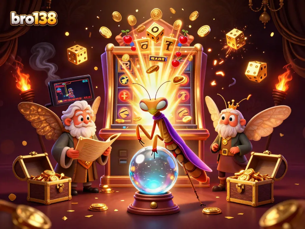 Experience gaming excitement with bro138's vibrant casino scene featuring a fortune teller, moth librarian, and dynamic slot machine action.