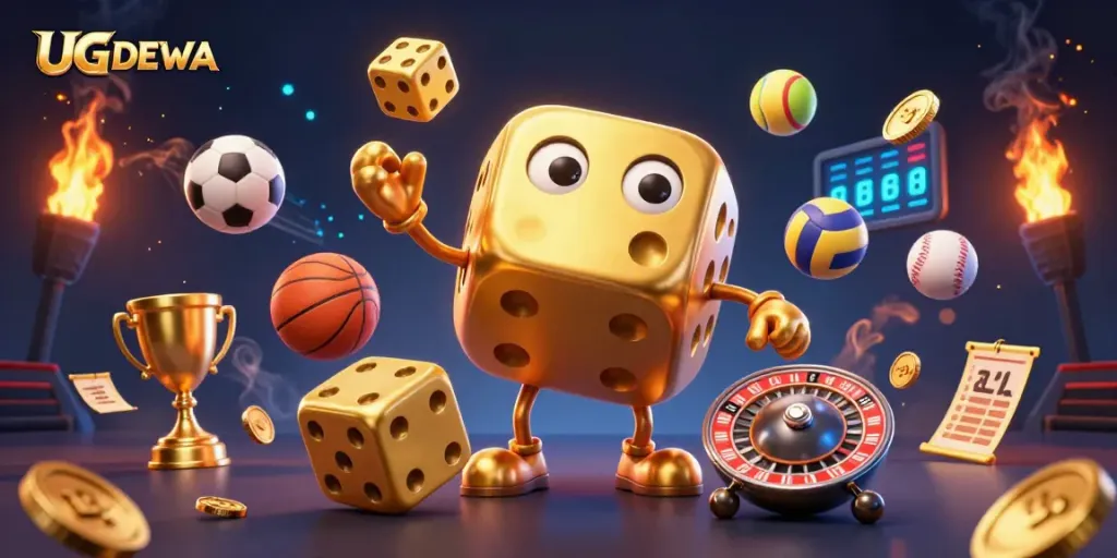 Experience UGDEWA’s dynamic gaming with lively golden dice and sports elements in this vibrant illustration.