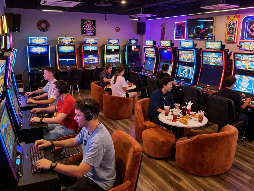 บรรยากาศภายในเลานจ์เล่นเกมที่มีผู้เล่นสนุกกับการเล่นสล็อต joker gaming อย่างมีความสุข