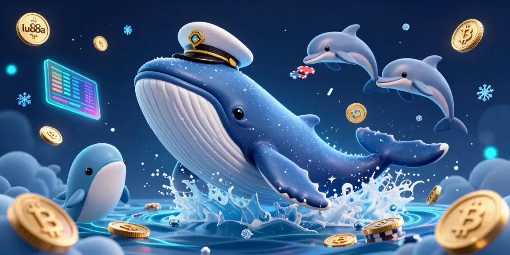 Experience thrilling wins with lu88a, featuring a playful cartoon whale and dolphins among gambling elements.
