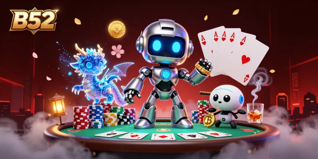 Engage with B52-themed poker games featuring vibrant characters and colorful casino elements in action.