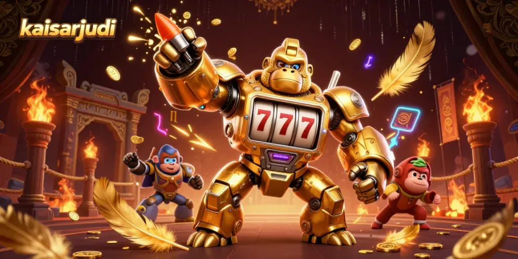 Kaisarjudi showcases a powerful 3D illustration of a golden mech with slot machine elements, energizing the casino atmosphere.