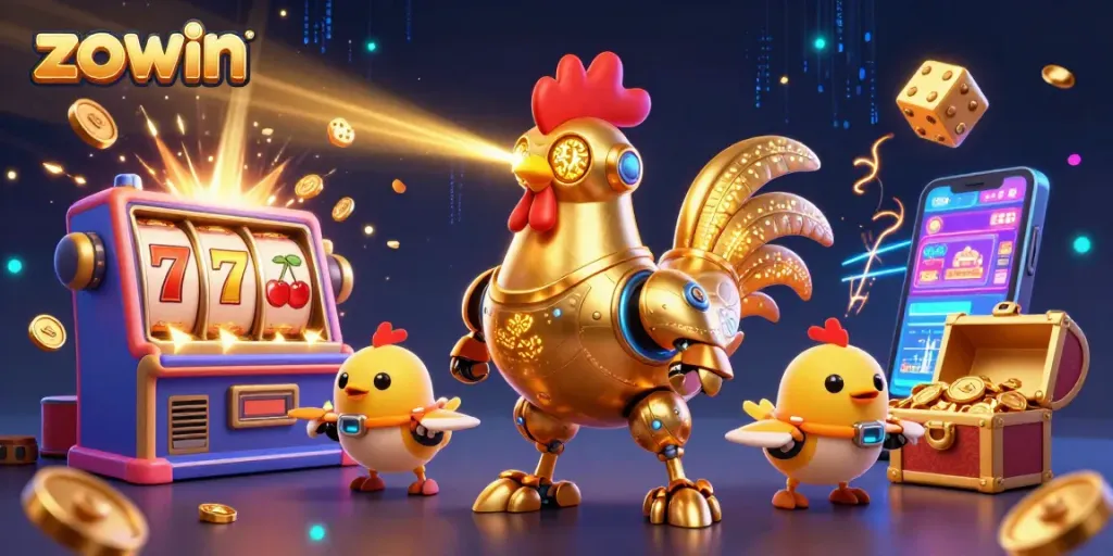 Zowin captivates players with a thrilling 3D scene of a golden rooster robot and baby chick drones bursting with casino excitement.