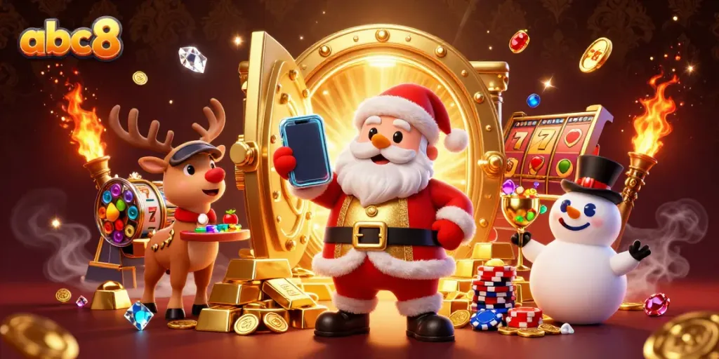 Santa Claus and friends celebrate big wins at the abc8 casino with dazzling slots and treasures.