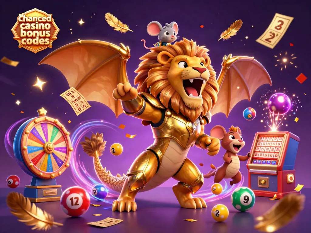Claim chanced casino bonus codes in a vibrant 3D casino scene filled with lottery-themed elements.