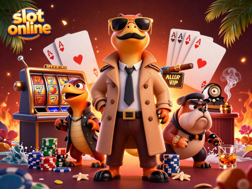 Geng raptor melakukan taruhan slot online dengan gaya unik dalam suasana kasino yang menarik.