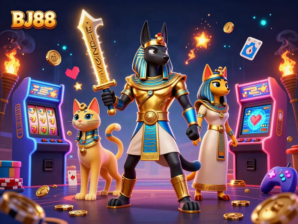 BJ88's vibrant online casino scene showcases Anubis and Bastet with spinning slot reels and poker elements.