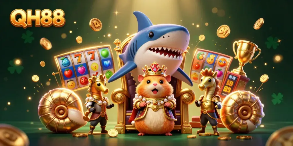 QH88 engages gamblers with a vibrant illustration of a hamster king amid slot machines and golden rewards.