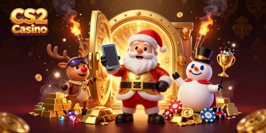 Experience thrilling spins and jackpots at the CS2 Casino with Santa and friends in a festive scene.