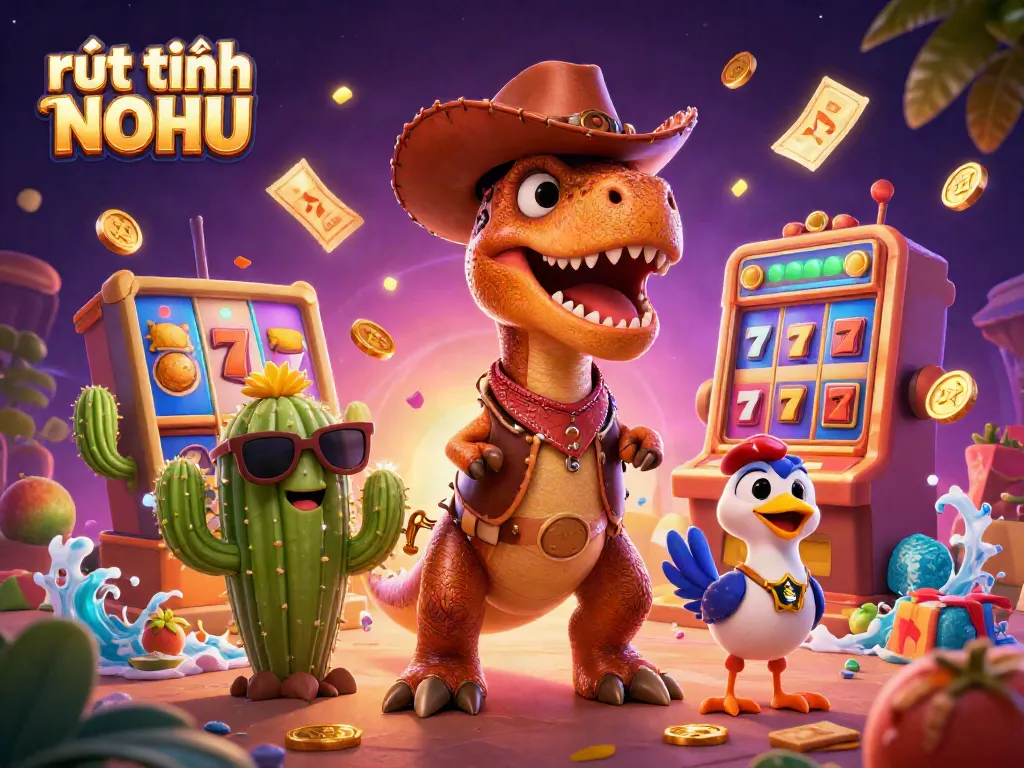 Experience rút tiền NOHU in a vibrant casino setting with cartoon dinosaur characters and dynamic slot elements.