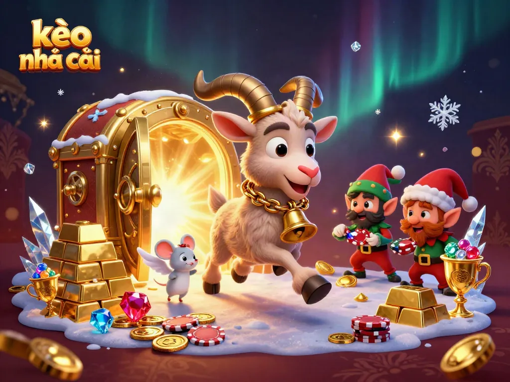 Experience the thrill of kèo nhà cái with lively characters in a festive casino, featuring vibrant treasures.
